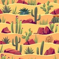 Desert cacti seamless pattern. Cartoon plants and rocks with sandy landscape, succulents and tumbleweed, arid nature