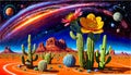 Desert cactus flower blossom night cosmos sky cosmic color art Royalty Free Stock Photo