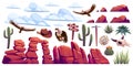 Desert cactus and rocks. Cartoon flat arid landscape elements, flora and fauna, clouds, eagles and canyon rocks, saharas