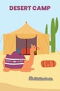 Desert camp banner with camel near bedouin tent, flat vector illustration.