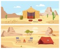Desert camp day landscape backdrop with tents, flat vector illustration.