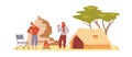 Desert camp landscape with tents and campers, flat vector illustration isolated.