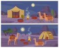 Desert camp at night, cartoon vector illustration. Arabian mountain desert landscape with tent, camel and fireplace.