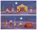 Desert camping banners collection with tourists flat vector illustration.
