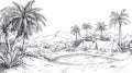 Tropical camping scene with palm trees, tents, and a pond, hand-drawn sketch Royalty Free Stock Photo