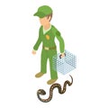 Desert cobra icon isometric vector. Man in uniform with cage near desert snake