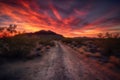 desert with colorful sunset, featuring streaks of red and orange in the sky Royalty Free Stock Photo