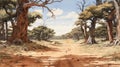 Desert Dirt Road: A Dappled Brushwork Illustration In Milo Manara Style