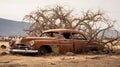 Desert Dreams: A Rustic Photoshoot Of An Old Rusted Car Royalty Free Stock Photo