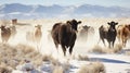 Desert Drifters. Herding Cows Amidst Winter\'s Frosty Dance. Generative AI Royalty Free Stock Photo