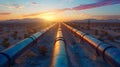 Desert Duet: Twin Pipelines at Sunset. Concept Landscape Photography, Industrial Structures, Sunset