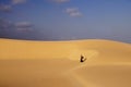 Desert, dunes, blue sky, sunny day in the distance a traveler Royalty Free Stock Photo