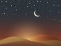 Desert evening scene with crescent and stars