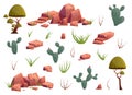 Desert flora collection with mountain rocks, plants, cactuses, trees, bushes and grass.