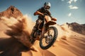 Desert freestyle Extreme motocross, daring jumps on sandy terrains prevail