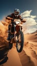 Desert freestyle Extreme motocross, daring jumps on sandy terrains prevail Royalty Free Stock Photo