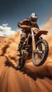 Desert freestyle Extreme motocross, daring jumps on sandy terrains prevail