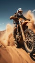 Desert freestyle Extreme motocross, daring jumps on sandy terrains prevail Royalty Free Stock Photo