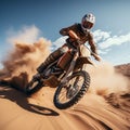 Desert freestyle Extreme motocross, daring jumps on sandy terrains prevail