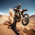 Desert freestyle Extreme motocross, daring jumps on sandy terrains prevail