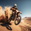 Desert freestyle Extreme motocross, daring jumps on sandy terrains prevail Royalty Free Stock Photo