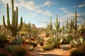 A desert full of cactus. Panorama with dry desert cactuses. Generative AI