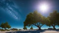 Desert Full of Trees with a view of a Sky full of Space and Stars AI Generative