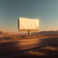 Desert Highway Landscape Featuring a Bare Billboard Against a Clear Sky and Distant Mountains in the Background Royalty Free Stock Photo
