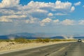 Desert highway to Death Valley National Park birth of a tornado Royalty Free Stock Photo