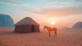 Desert Hut with Horse at Sunset - Realistic Image Royalty Free Stock Photo