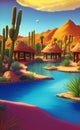 desert illustration plants water oasis sunny day AI Generated