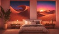 A desert-inspired bedroom with neon lights resembling a sunset over the