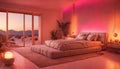 A desert-inspired bedroom with neon lights resembling a sunset over the