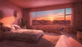 A desert-inspired bedroom with neon lights resembling a sunset over the