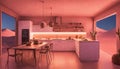 A desert-inspired bedroom with neon lights resembling a sunset over the