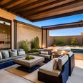 14 A desert-inspired outdoor living room with a mix of natural and textured finishes, a large, sectional sofa, and a mix of patt