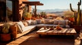 desert inspired outdoor lounge, featuring earthy tones, cacti arrangements, and rustic wooden furniture. Generative AI