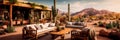 desert inspired outdoor lounge, featuring earthy tones, cacti arrangements, and rustic wooden furniture. Generative AI