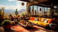 desert inspired outdoor lounge, featuring earthy tones, cacti arrangements, and rustic wooden furniture. Generative AI