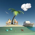 Desert island, couple and vessel Royalty Free Stock Photo
