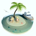 Desert island, couple and vessel Royalty Free Stock Photo