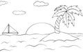 Desert island with palm tree and ship. Summer sunset landscape. Vector outline illustration. Coloring book for children Royalty Free Stock Photo