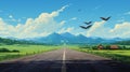 Anime-inspired Road With Trees, Mountains, And Flying Bats