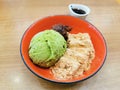 The desert Japanese green tea ice cream in Bangkok Thailand restaurant Royalty Free Stock Photo