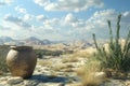 Desert landscape with ancient pottery and distant mountains during daylight Royalty Free Stock Photo