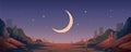 Desert landscape background. Night Panoramic landscape with desert mountains and half-moon. Vector illustration in flat