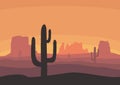 Desert landscape with cactus, hills and mountains silhouettes. Nature sunset on a background of a mountain landscape Royalty Free Stock Photo