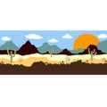 Desert landscape with cactus, hills and mountains silhouettes, tumbleweed vector nature horizontal background