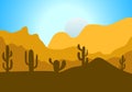 Desert Landscape with Cactus, Hills and Mountains Silhouettes. Vector Nature Horizontal Background Royalty Free Stock Photo