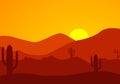 Desert Landscape with Cactus, Hills and Mountains Silhouettes. Vector Nature Horizontal Background Royalty Free Stock Photo